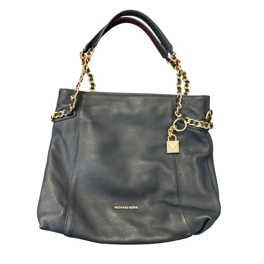 Michael Kors Navy Blue Pebbled Leather Chain Shoulder Tote Gold Lock Charm Bag
